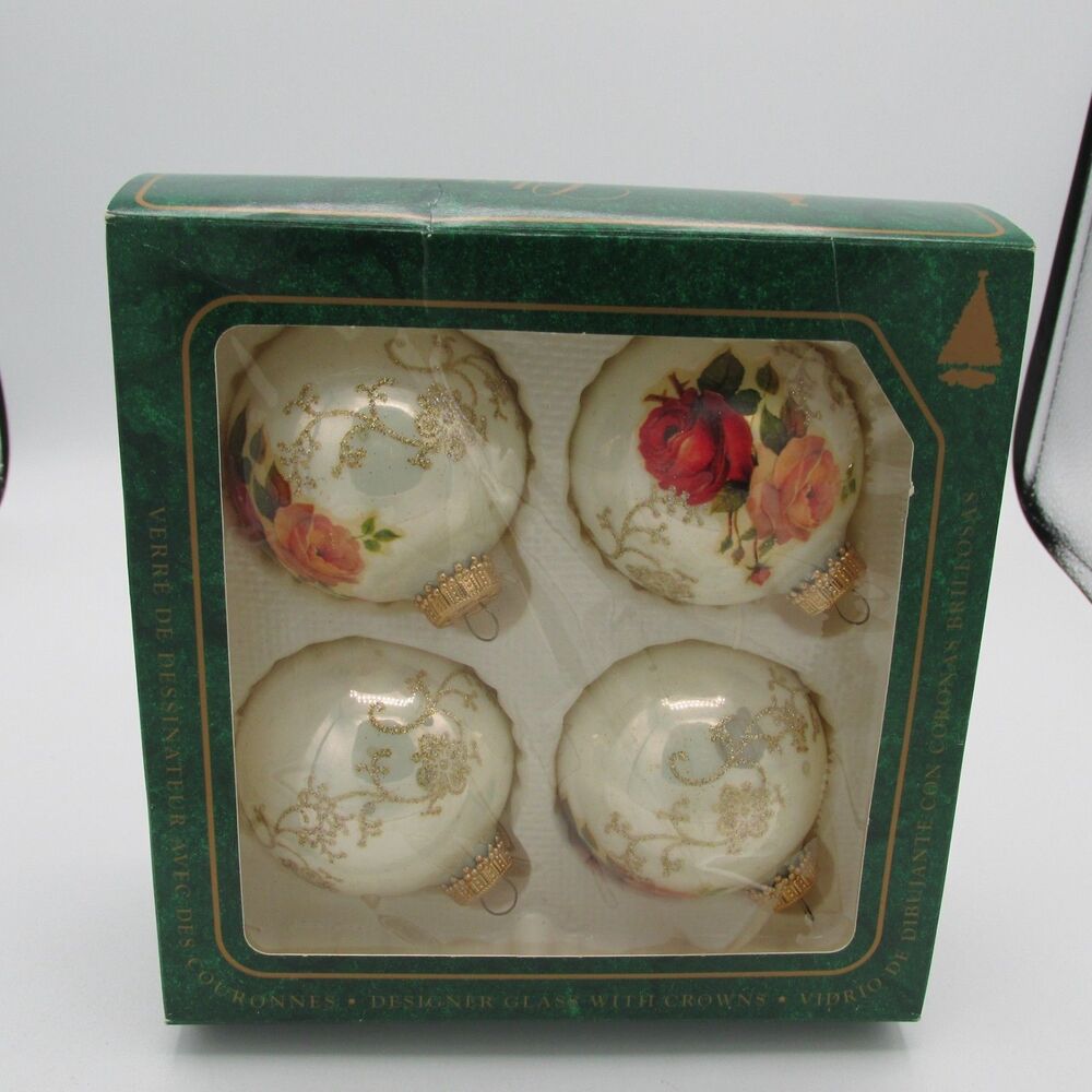 Vintage KREBS Set of 4 Glass Christmas Ornaments Victorian Rose Pink Red White